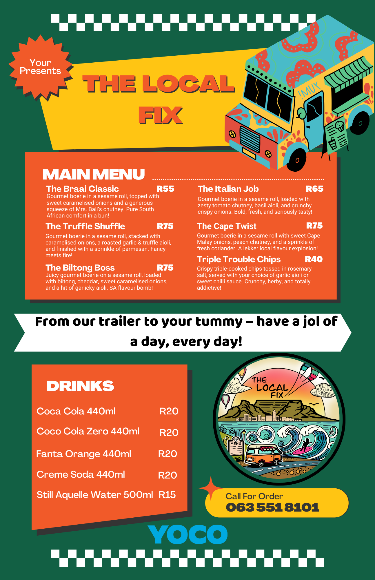 Food truck, Menu, Green background, food, gourmet, boerewors rolls, The Local Fix