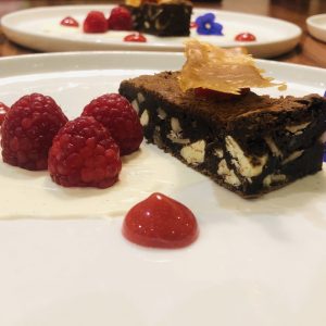 Chocolate brownie, Raspberries, creme fraiche, cape town, catering