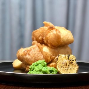 Fish, lemon, chips, peas, cape town, catering