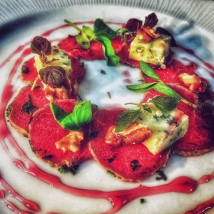 Venison, Red Wine, Blue cheese, walnuts, micro herbs, cape town, private dining